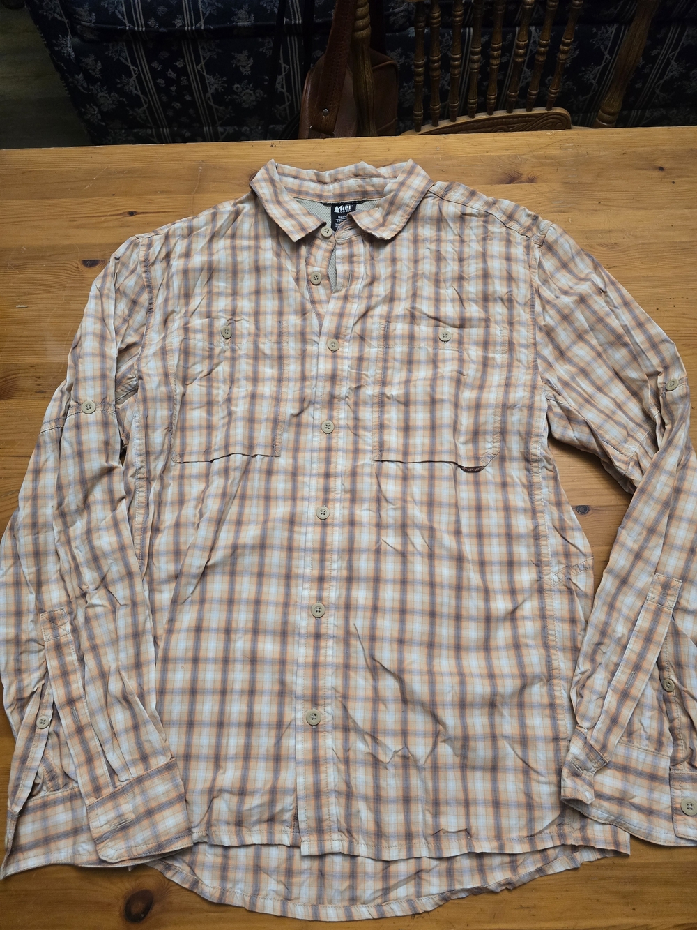 REI Men's Long-Sleeve Plaid Button-Up Shirt - Peach and Blue